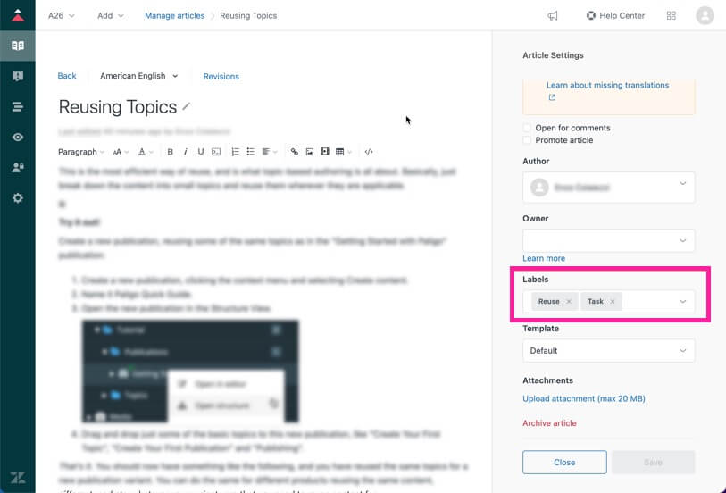Article shown in Zendesk. A callout box highlights the Labels box, which has labels that should match the taxonomy tags from Paligo.