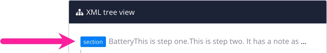 Section element at the top of the XML tree view