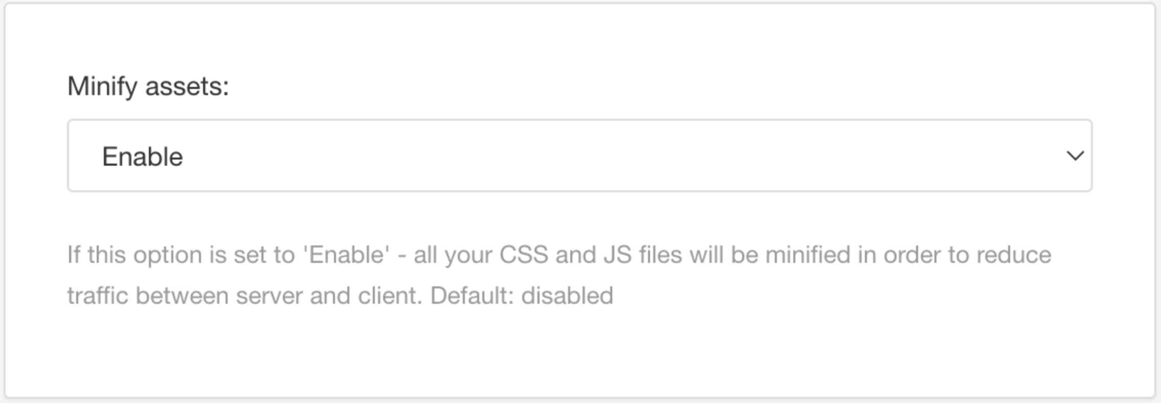 Minify assets setting from an HTML layout. It has options to enable or disable the feature.