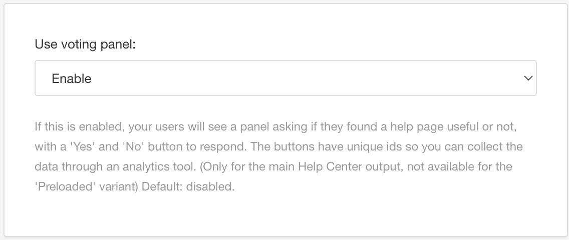HTML5 layout editor, Feedback category. The Use voting panel setting has a dropdown with Enable, Disable, and Default options.