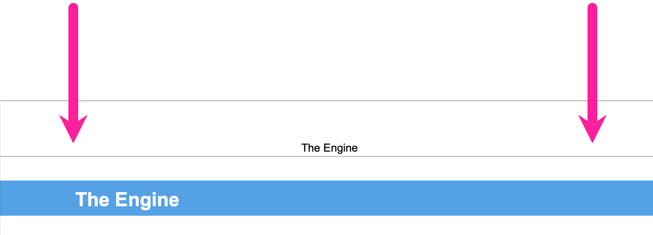 Top of a PDF page. The name of the document is shown above the header rule. The header rule is shown as a thin gray line. Below that, the topic title is shown in white text on a blue background. Two callout arrows point to the gray header rule.