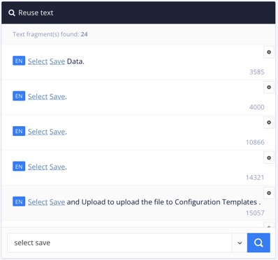 Reuse text section. There is a search field at the bottom and someone has searched for Select Save. Above that, there are the results of the search. The results show a Select Save fragment and a Select Save Data fragment.