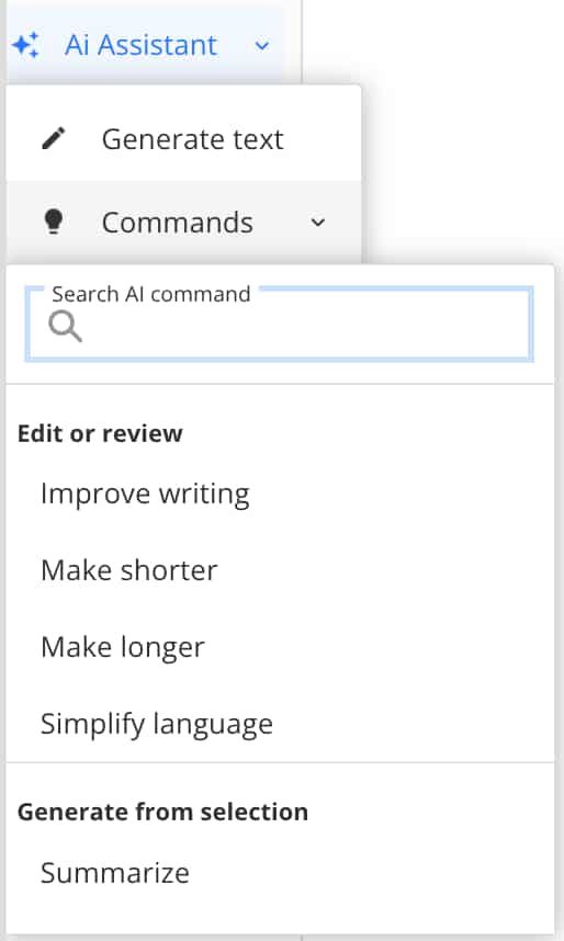 AI Assistant menu. The Commands option is selected, revealing a dropdown menu. The dropdown menu has a search, options for improve writing, make shorter, make longer, simplify language, and summarize.