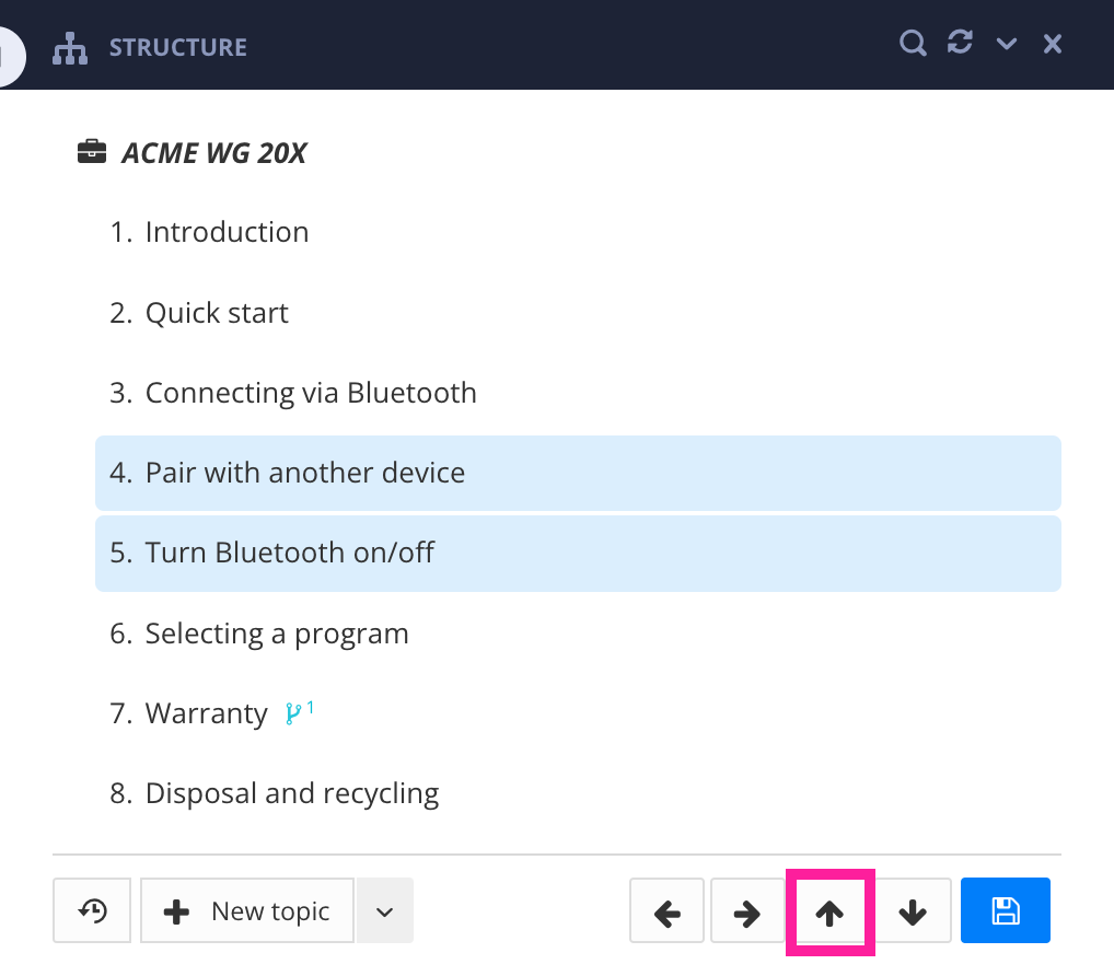 Publication structure shows two topics have been moved from the bottom of the structure to after topic 3 in the structure. The arrow button at the bottom is highlighted.