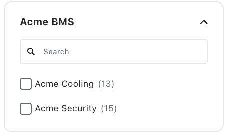 Faceted search box from a published output. It has a title, a search box, and two checkboxes. Each checkbox is to enable or disable a filter value.