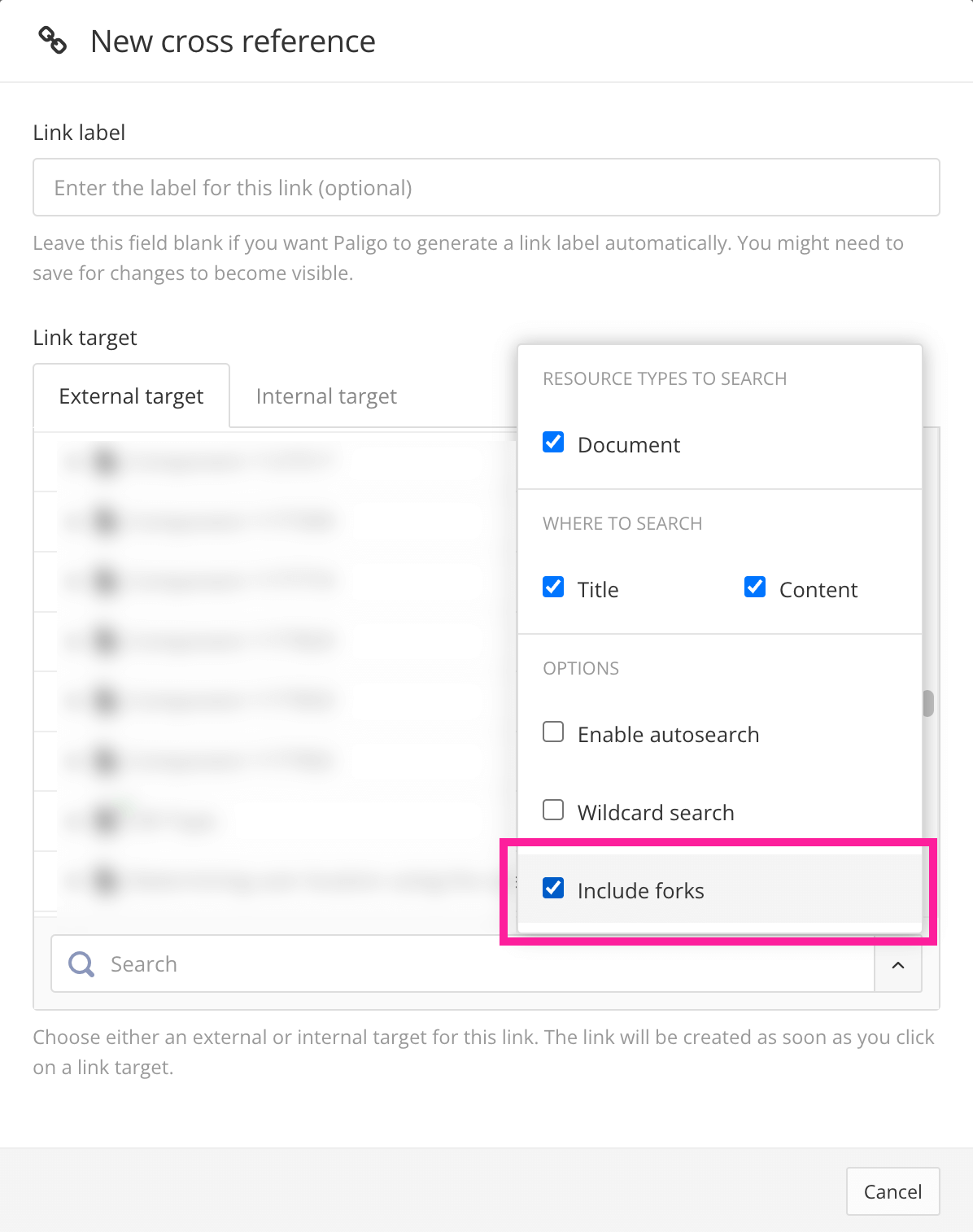 New cross-reference dialog. The search options are selected, revealing a menu. The menu has checkboxes so that you can set search criteria. One of the boxes is labelled "include forks".