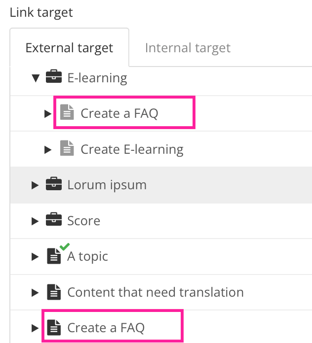 Link target dialog showing the External target tab. There are black icons for publications and topics. One of the publications is called E-learning and it is expanded to reveal its structure. Inside it, there are gray document icons for each fork in the publication.