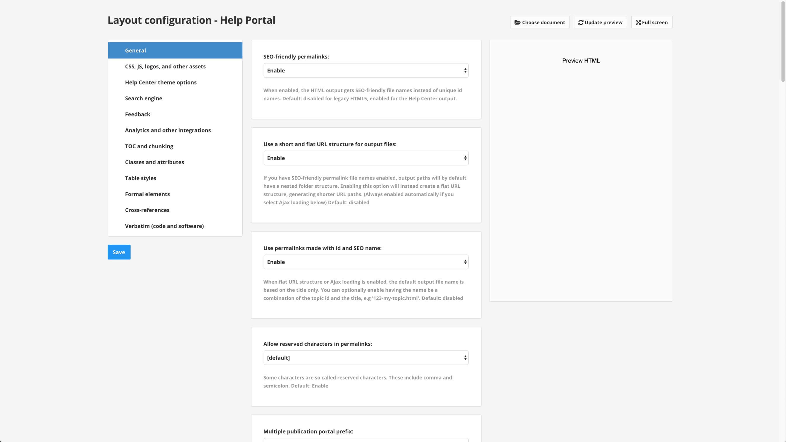 HTML5 Help Center Layout, with categories of settings in a menu on the left, settings in the middle, preview on the right.