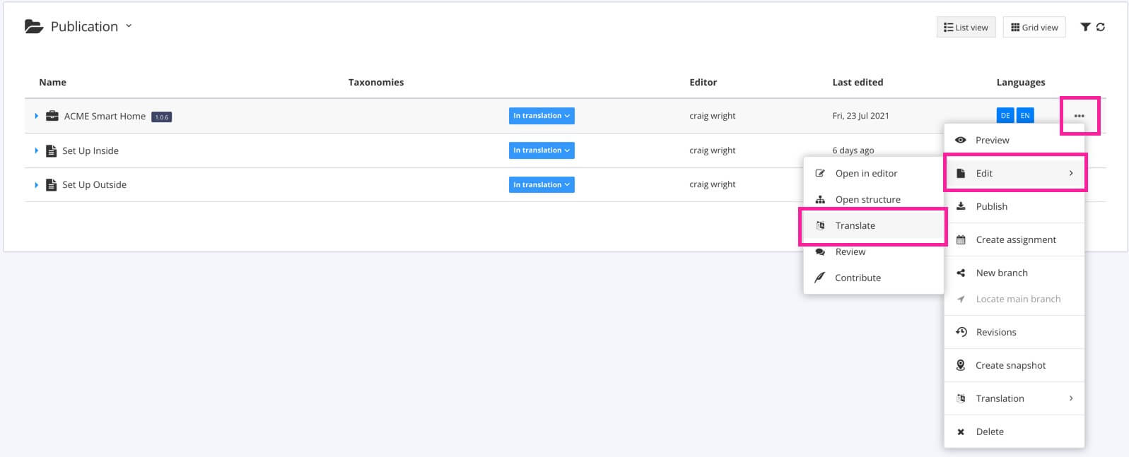 Resource view. Select options menu then Edit and Translate.