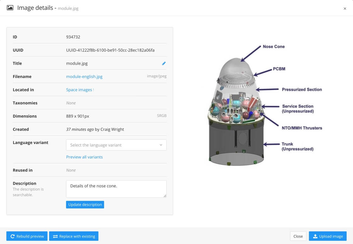 Image details dialog for an image. A preview of the image is shown on the right and the settings for the image are shown on the left.