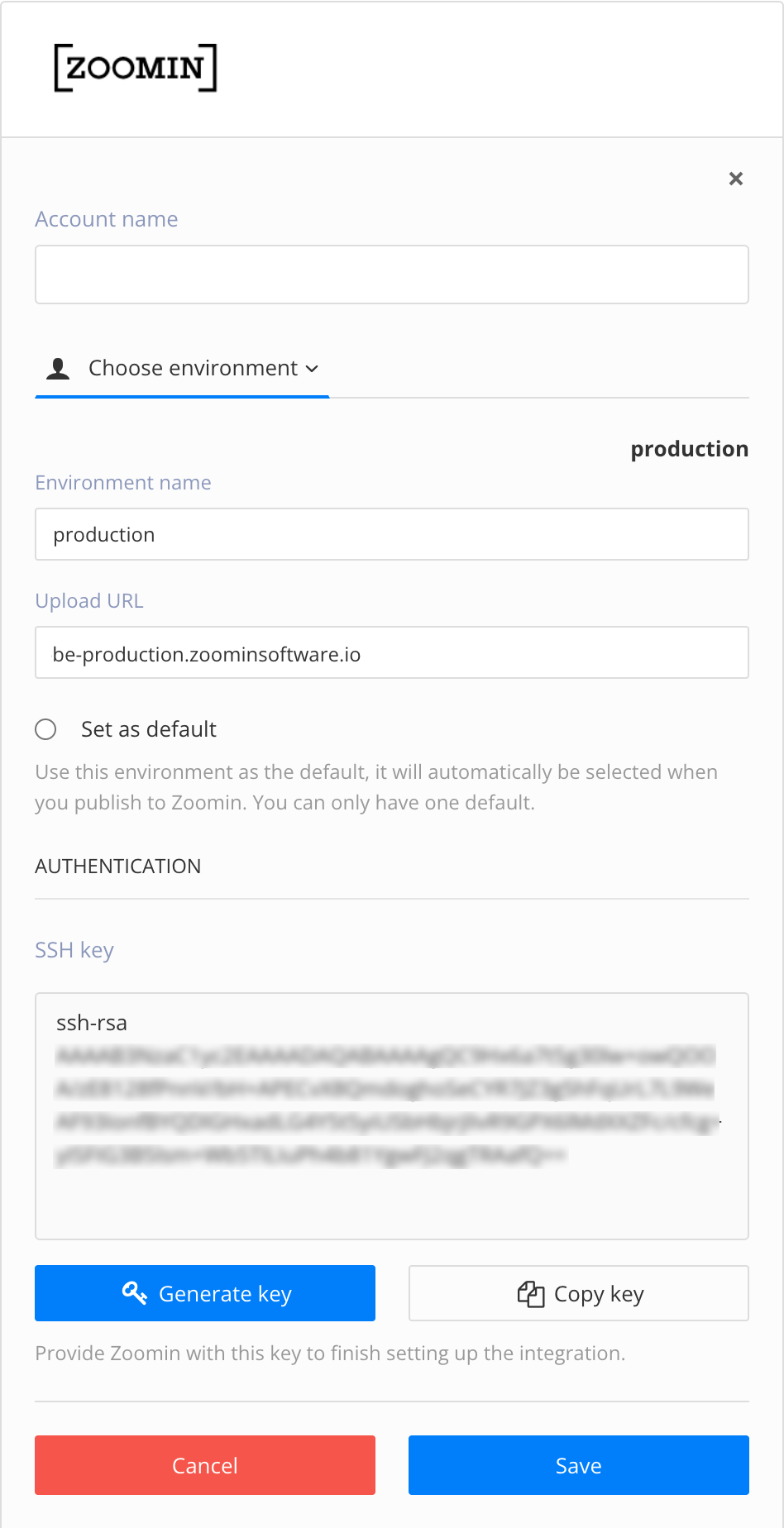 Zoomin integration settings. There is an account name field, a Choose environment option, an upload URL preview, a set as default option and an SSH key field with generate key and copy key buttons.