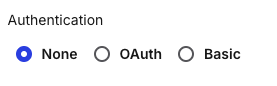 Authentication setting for webhooks. It has radio buttons for None, OAuth, and Basic.