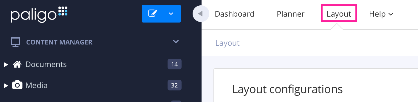 Paligo editor. The Layout option in the header menu is highlighted.