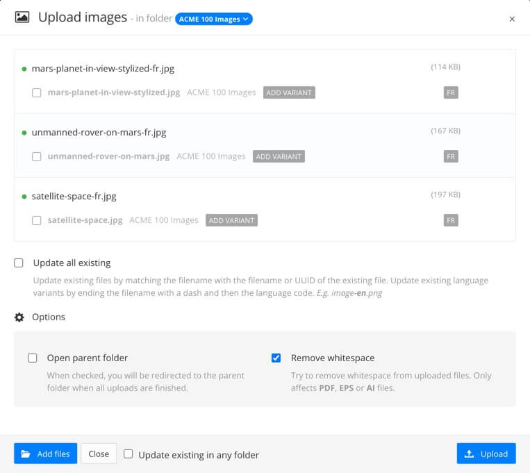 Upload images dialog. It shows that three French variant images are being uploaded. Paligo has detected that the files have -fr suffixes and has matched them to the source language images.