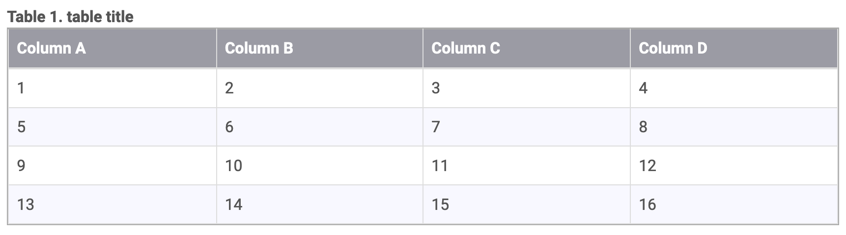 Table with the even rows set to have a "ghost white" background color so that they contrast with the odd-numbered rows.