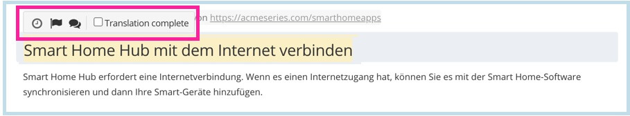 Translation view paragraph is selected revealing a pop-up toolbar.
