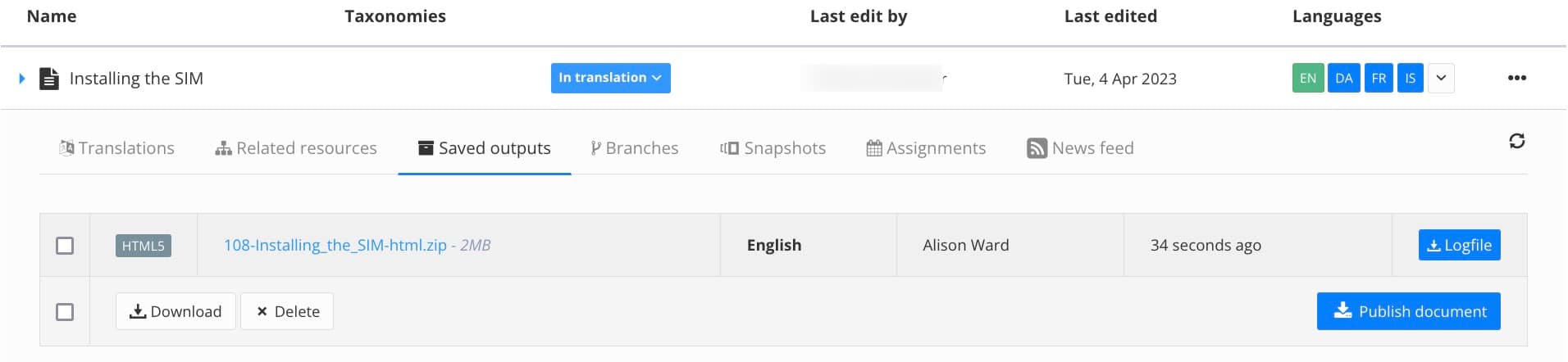Resource details for a topic. The Saved Outputs tab is selected for a topic, revealing a list of published outputs for that topic. There are buttons for downloading the output and also deleting it.