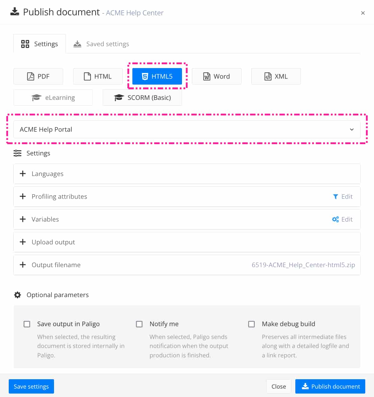 Publishing settings for a super help center.
