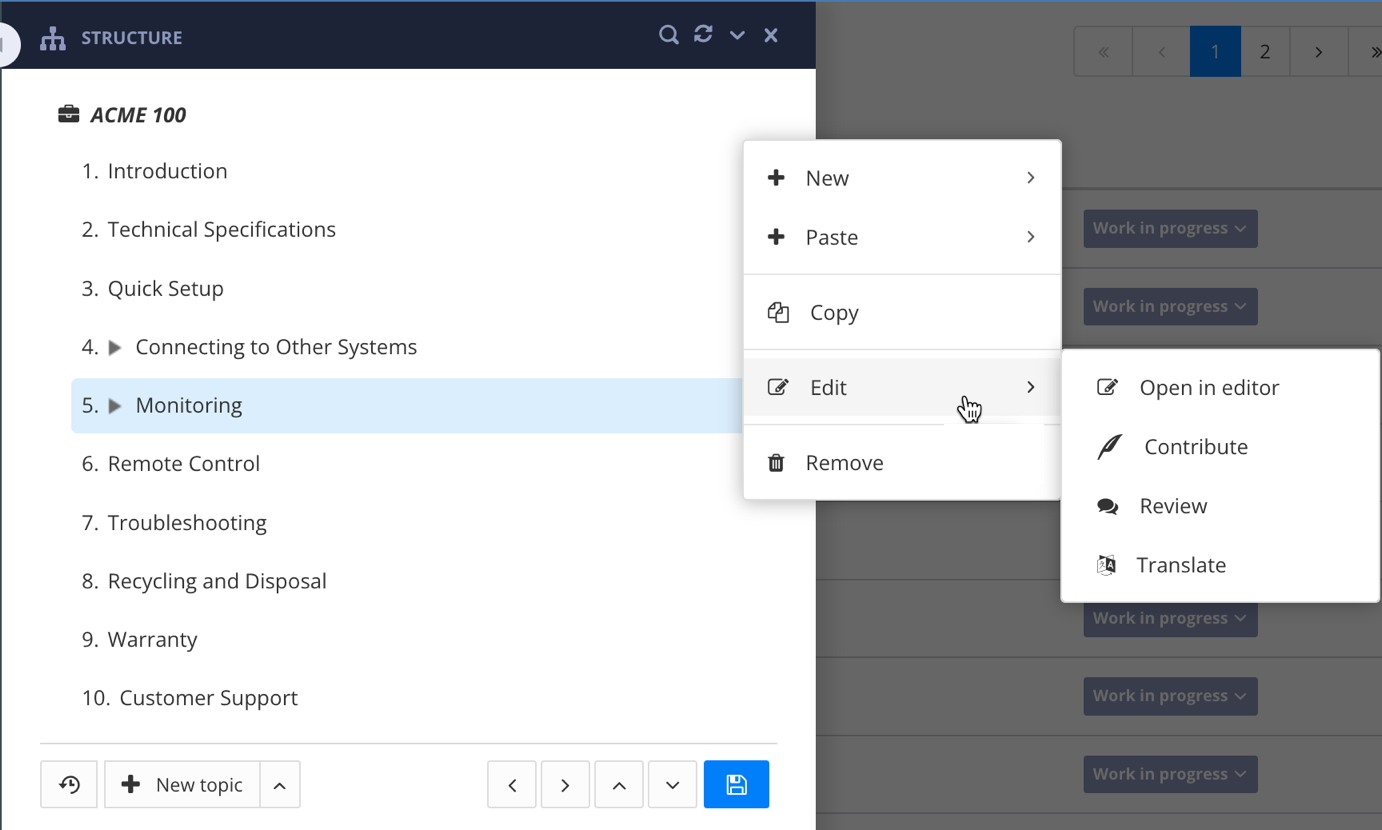 Publication structure showing a topic's dotted menu options. The Edit option is selected, revealing further options, including Open in editor.