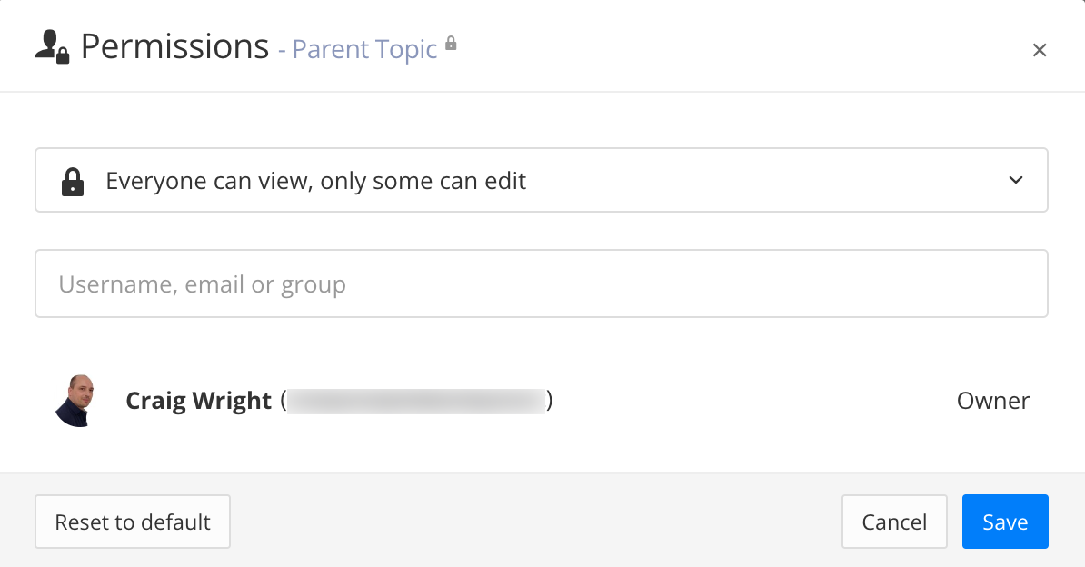 Permissions dialog. It has a setting for choosing whether everyone can view and edit or only some people can edit. Below that there is a field for entering a user name, group name, or email address. At the bottom is a list of the users and groups that have permission to edit the selected item.