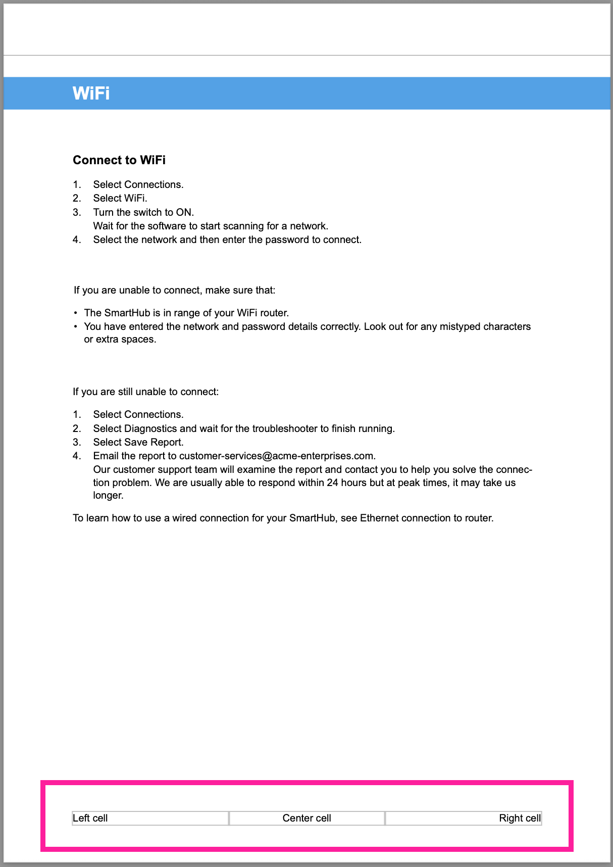 A PDF page produced by Paligo. It has text on the page and at the bottom there is a three column table with a single row. It a footer and it has a left cell, center cell, and right cell. A callout box highlights the table.