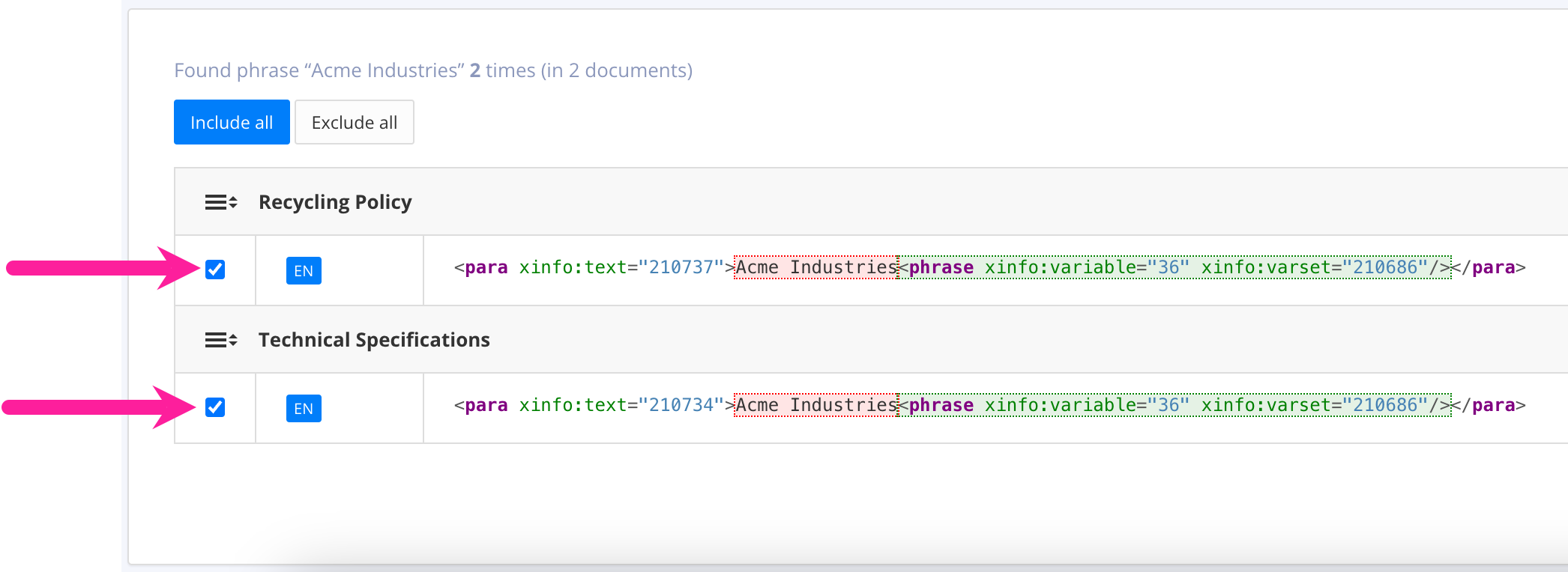 Replace tab of advanced search. It shows the results Paligo has found that match the Find what term. Callout arrows point to the checkboxes to the left of each result. To the right, there is a preview of how the XML will change if you go ahead with the replacement.