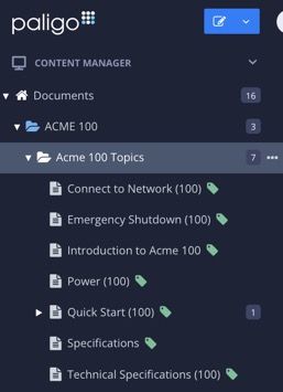 Paligo Content Manager. It is a sidebar with different sections for Documents, Media, Templates, Variable Sets, Users, Trash, and Taxonomies.