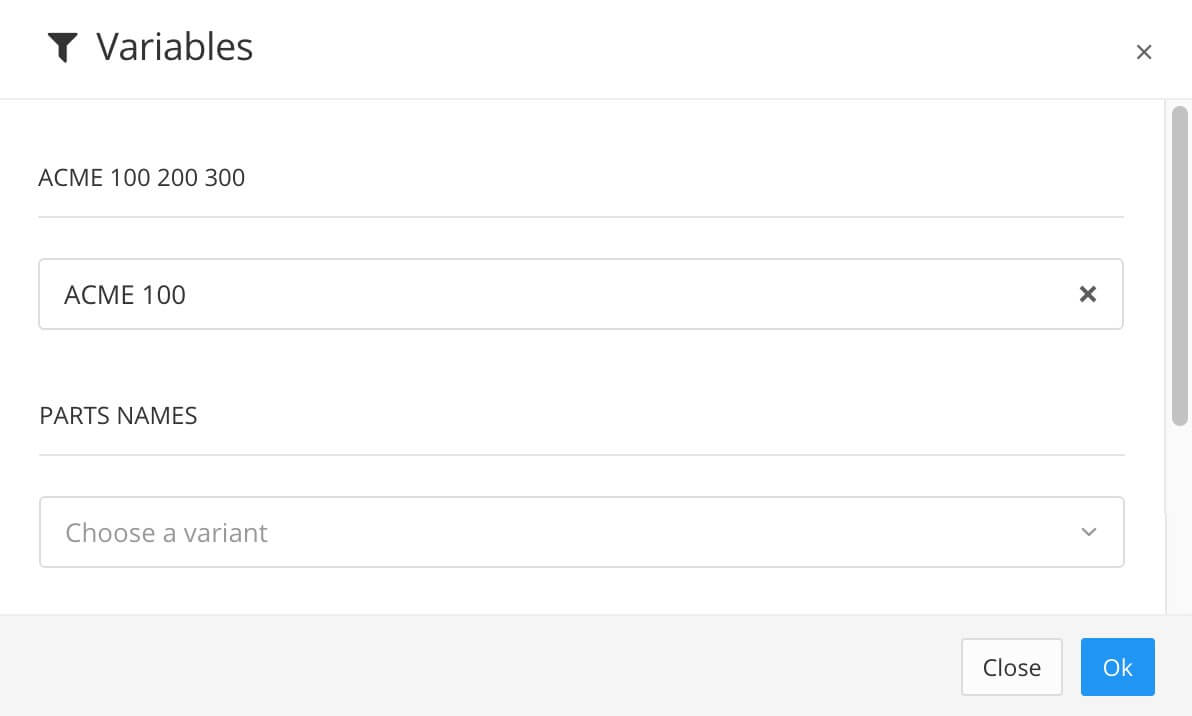 Variables dialog showing ACME 100 200 300 as variables and ACME 100 is set.