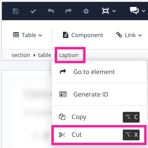 Element Structure Menu shows that the caption element is selected. There is a menu and the Cut option is highlighted.