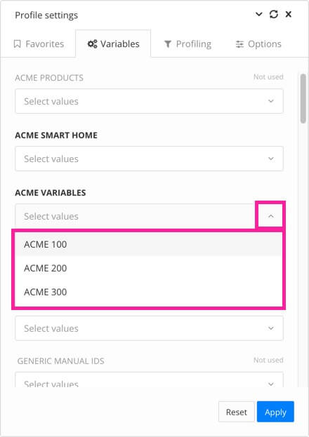 Translation view profile settings. Variables tab has fields for variable types, each field has options for choosing the variant to use.
