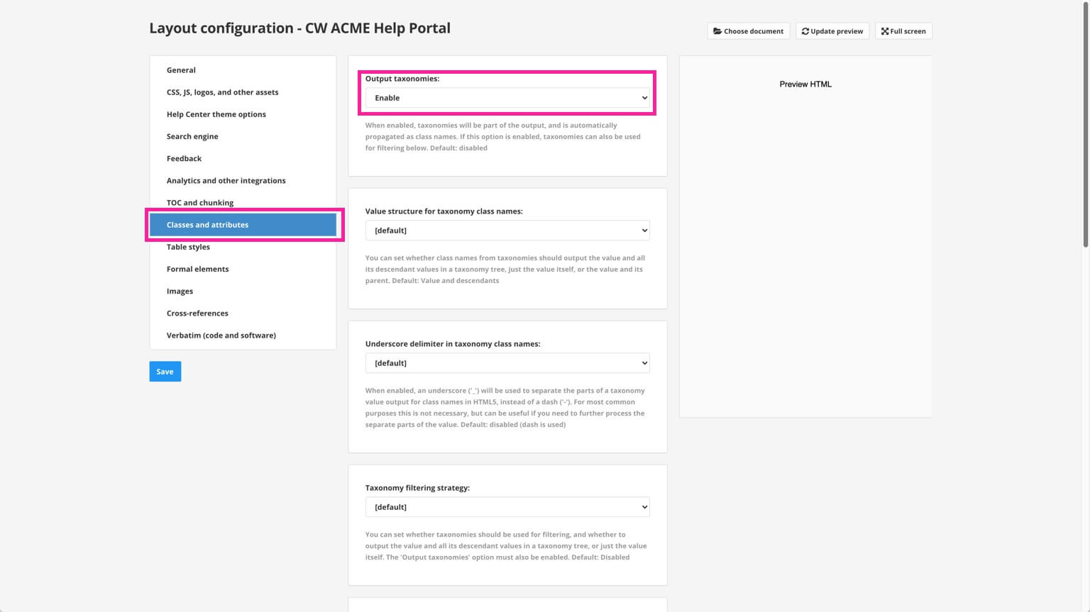 HTML help center layout. The Classes and Attributes section is selected. The Output Taxonomies option is set to Enable.