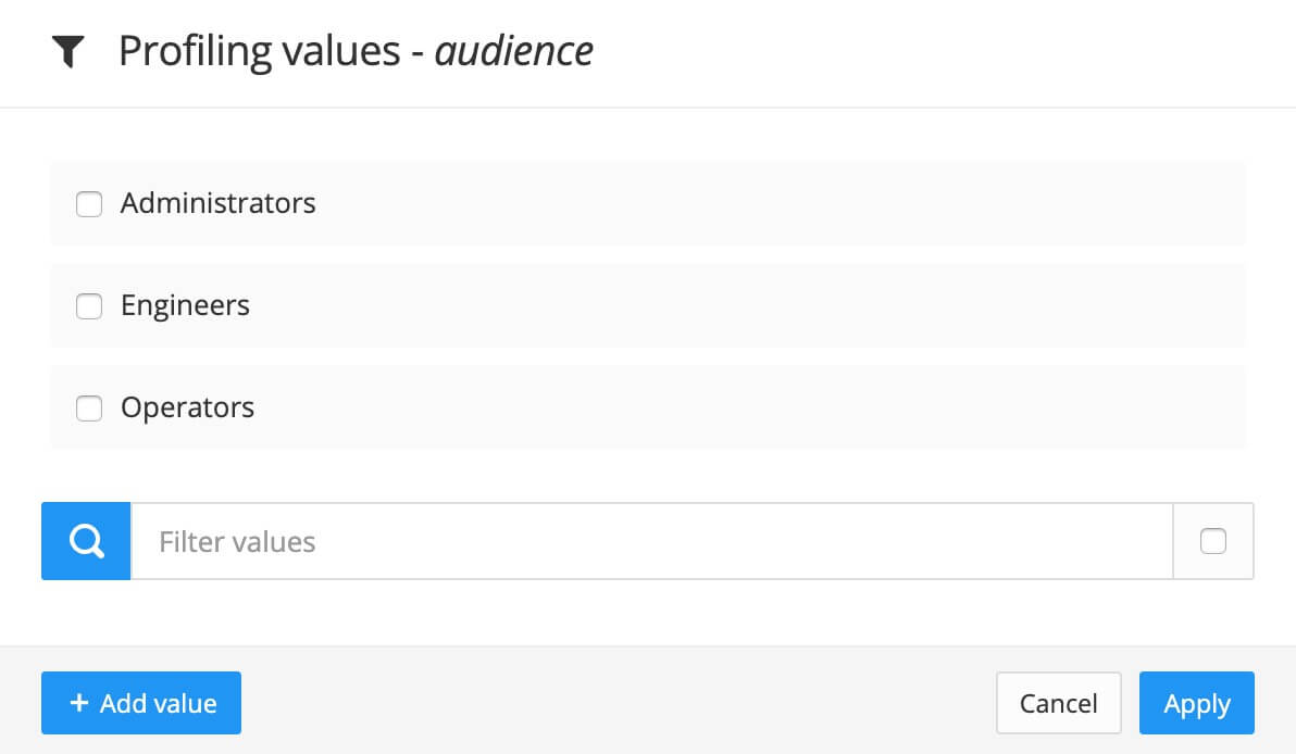 Profiling values dialog. Three values have been created: Administrators, Engineers, and Operators.