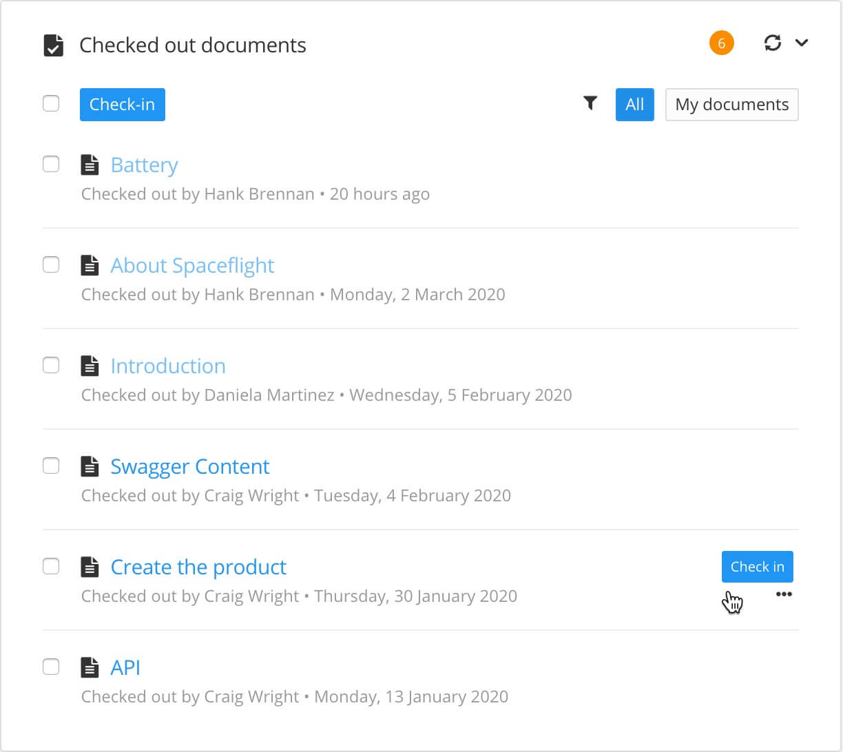 Checked out documents list shown on the dashboard. Shows a list of documents that are currently checked out.