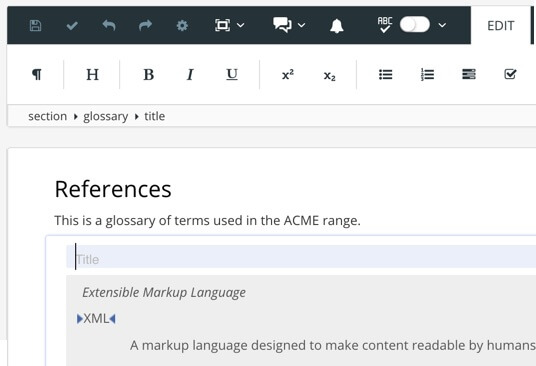 A References topic containing a glossary element. The glossary element has a title element, which is selected, ready for the writer to enter the title text.