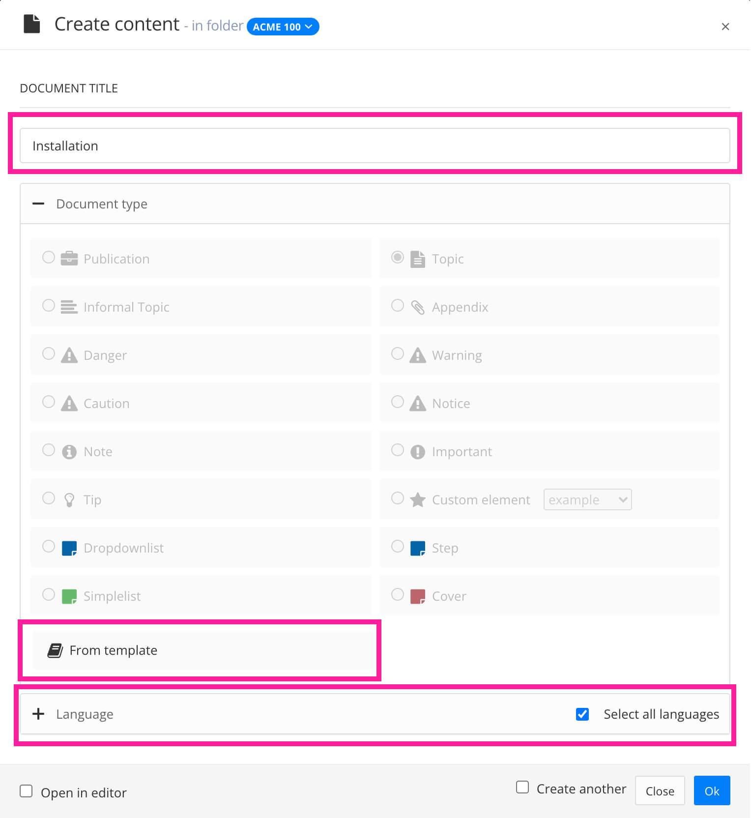 Create content dialog. A name has been added for the topic, the From template option is selected, and the Languages are set to select all languages.