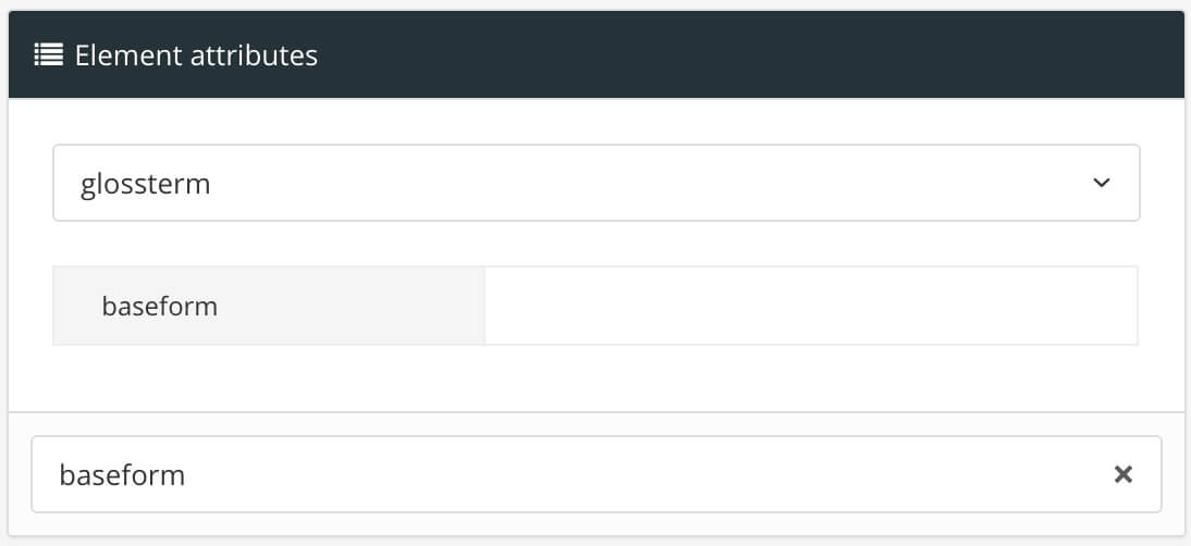 element attributes section shows glossterm is selected. The baseform attribute has been added.
