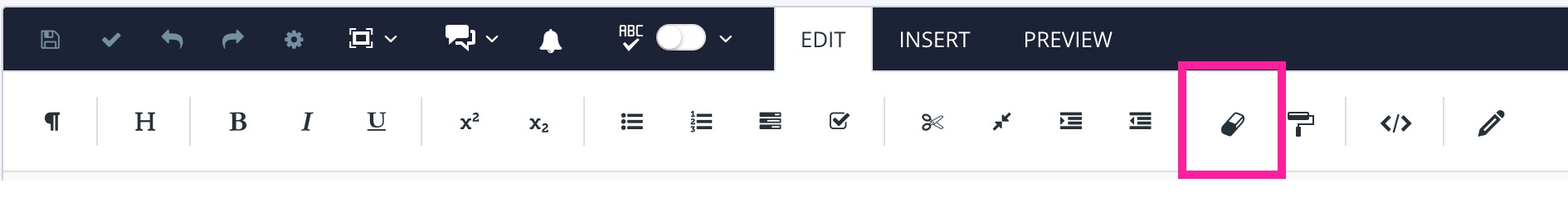 Edit toolbar. The remove formatting button is highlighted. It is an eraser icon.