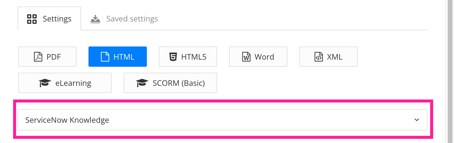 Publish document dialog has HTML selected as the output type and a ServiceKnowledge layout is selected.