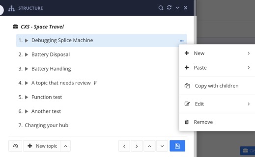 Publication Structure Menu. It has options for creating new topic, copying and pasting forks, opening a topic in the various editors, and removing a fork.