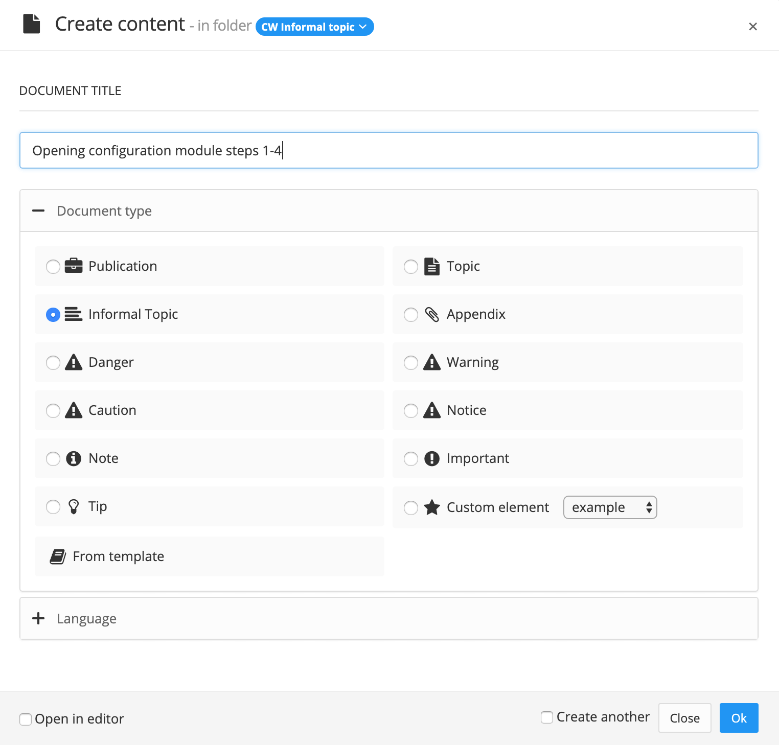 A create content dialog with the Informal Topic option selected.