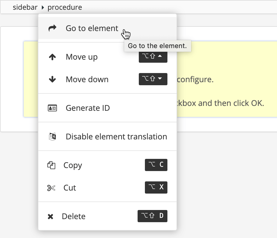 Procedure element is selected in the Element Structure Menu, revealing a dropdown menu. In the dropdown menu, the Go to element option is highlighted.