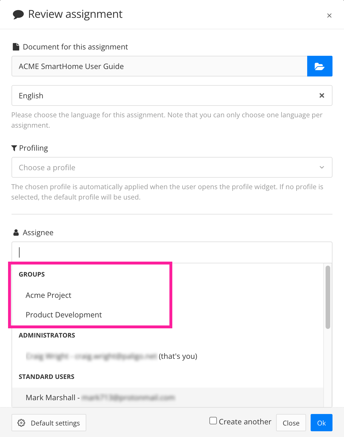 Review assignment dialog. Assignee field is selected, revealing a list which includes options for selecting user groups and individual users.