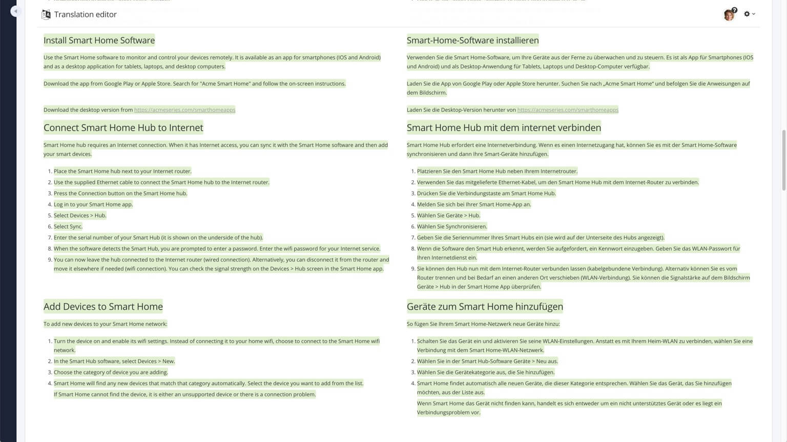 Translation View shows two versions of the content side-by-side. One is the source language, the other is a translation in another language.