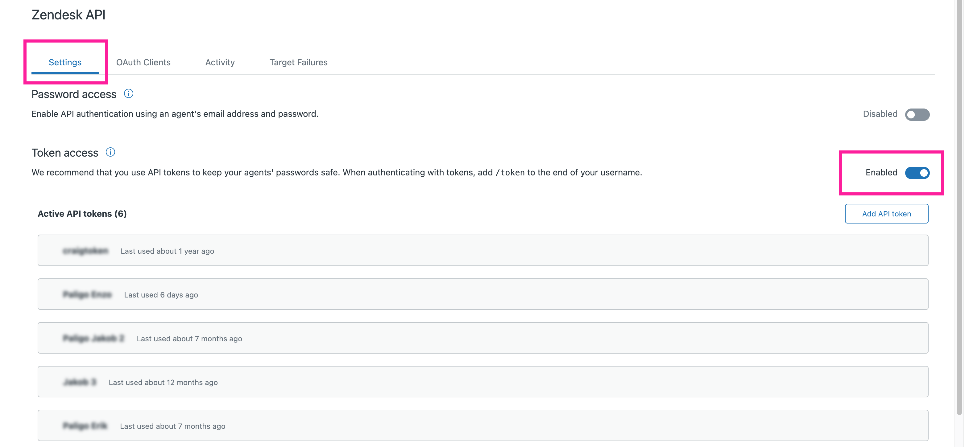 Zendesk API settings (in Zendesk). Token Access is set to Enabled.