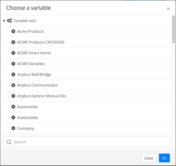 Choose a variable dialog. It shows Variable Sets as a top-level item in a list and the various variable sets are listed at the second-level.