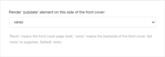 Render pubdate element on this side of the front cover setting. It is set to verso.