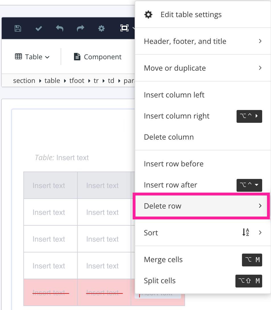 A table with its footer row selected. The row has a red highlight and a red line goes through the text. There is a menu and the Delete row option is highlighted.
