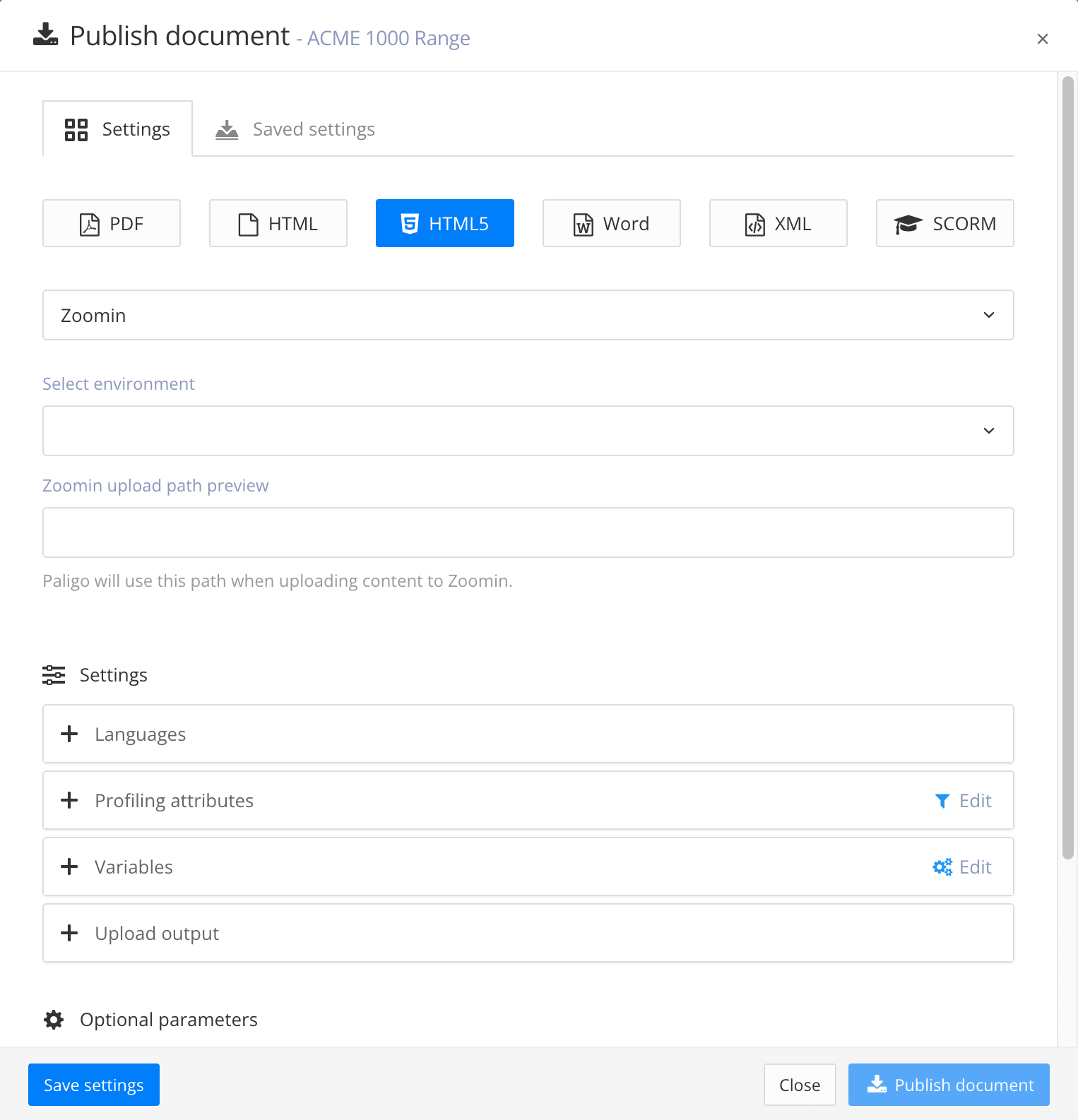 Publish document dialog. The HTML5 option is selected and Zoomin is the chosen layout. There are settings to select the environment and upload path as well as languages, profiling attributes, variables, and other parameters.