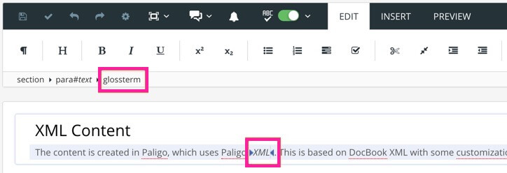 The Paligo editor shows that the glossterm element is selected. In the content, the term XML is shown in italic to show that it links to a glossary term.