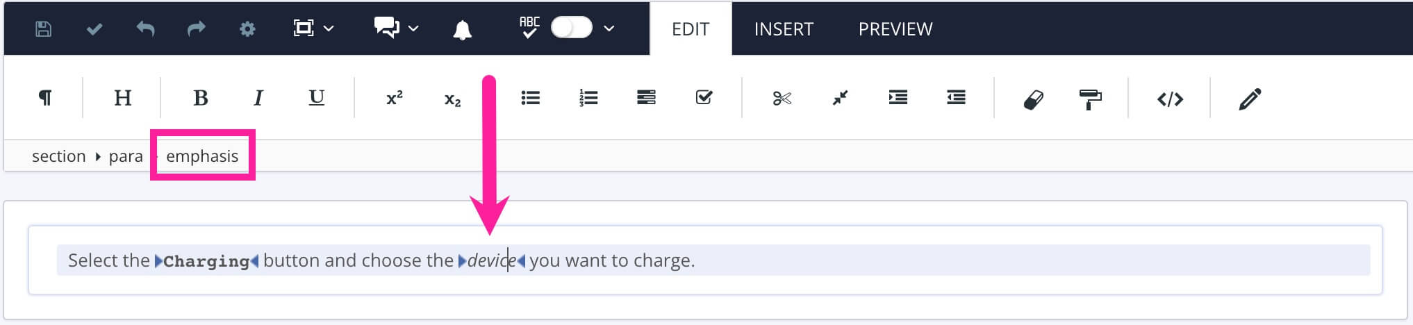 Paligo editor. A paragraph has content with a guilabel on one word and emphasis on another word. The emphasis is selected. In the element structure menu, the emphasis element is shown.